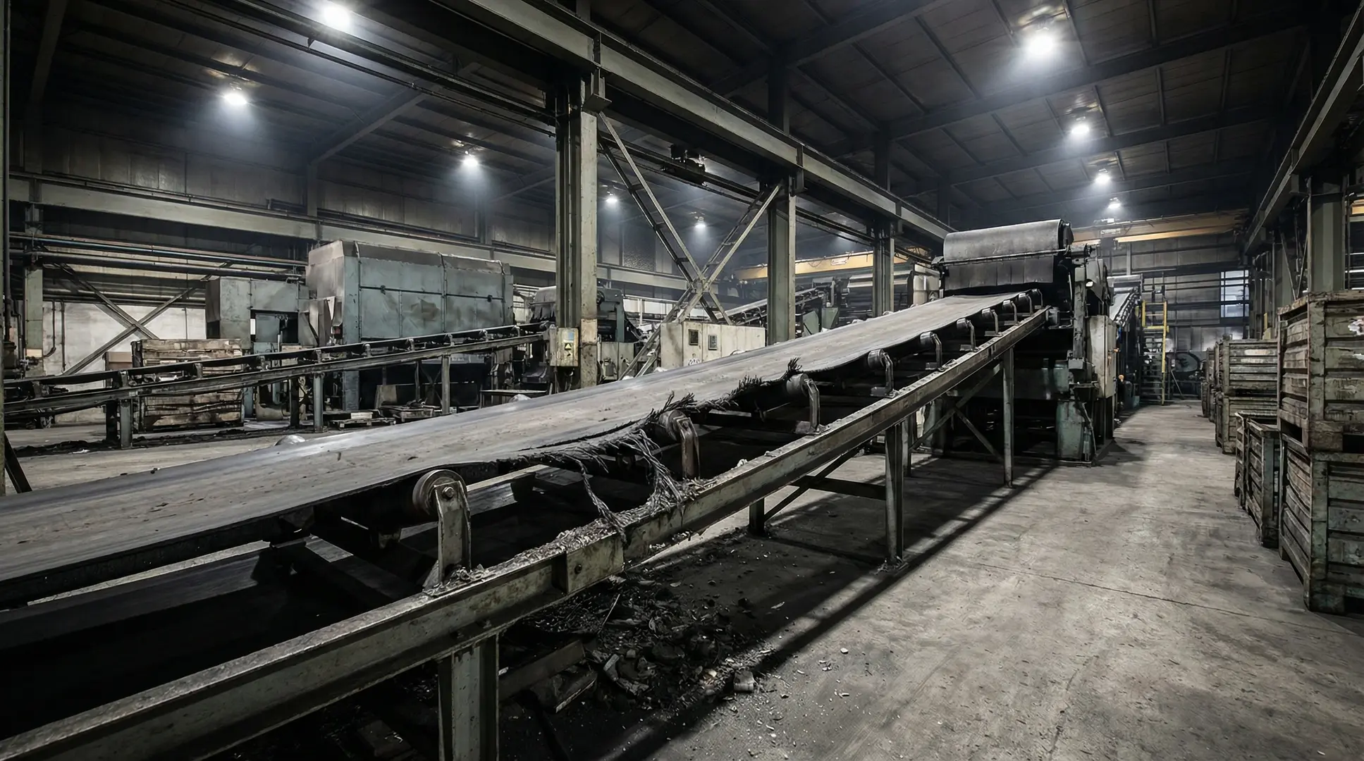 Técnico especialista reparando banda transportadora industrial en Andalucía