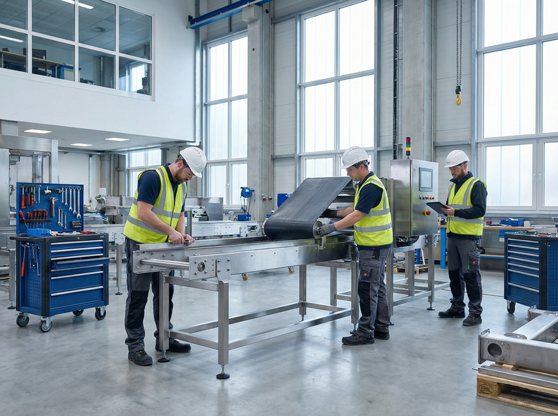 Equipo técnico instalando banda transportadora industrial