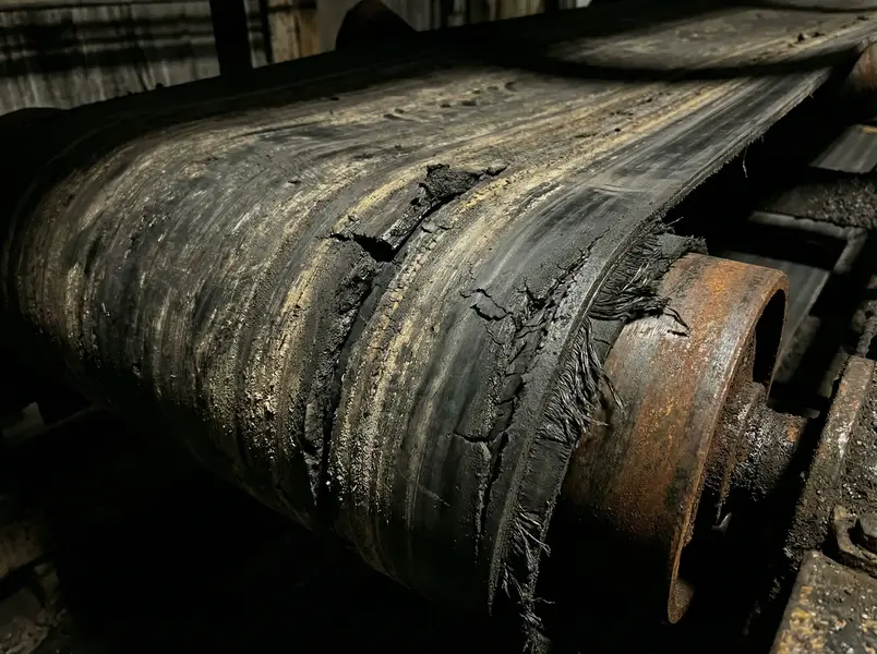 Banda transportadora con desgaste y problemas visibles