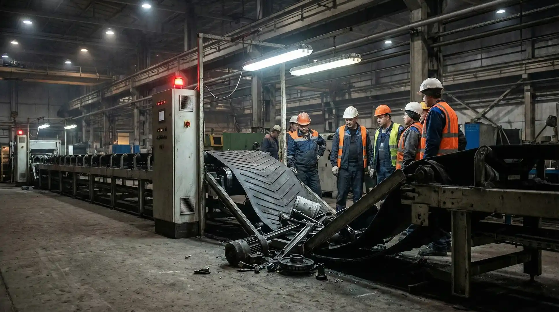 Servicio técnico urgente 24/7 — técnico desplegado para reparar banda transportadora averiada